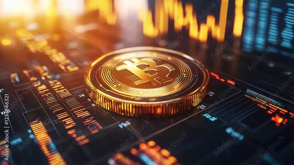 Poster golden bitcoin on vibrant digital trading chart background