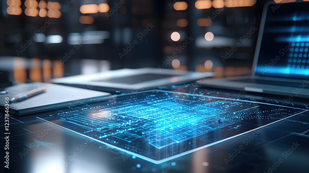 Poster Futuristic Digital Workspace Modern Technology Data Network Interface