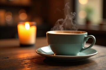 Obraz premium Steaming cup of coffee on a wooden table with a soft focus candle in the background, ambiance, warm, table