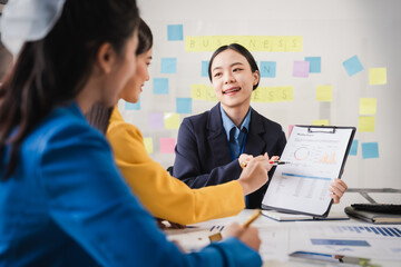 Female business leaders come together in conference room for their annual meeting, actively participating, asking questions, enriching  seminar, Asian people, only women, Proposals and comments.