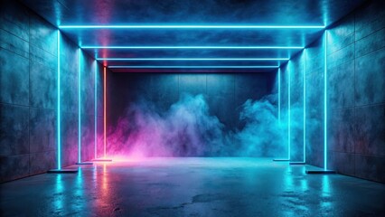 Fototapeta premium Futuristic Room with Vibrant Neon Lights and Atmospheric Haze in a Dark Industrial Setting
