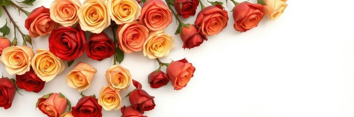 Obraz premium Symmetrical garland of gold and red roses on a white background, elegant, bloom, garland