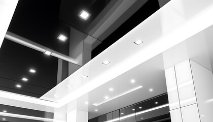 Obraz premium High-contrast black-and-white ceiling with glossy finishes and inset lighting, adding a bold and dramatic flair, isolated background