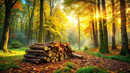 Golden Sunlight Illuminates a Stack of Logs in an Autumnal Forest Path