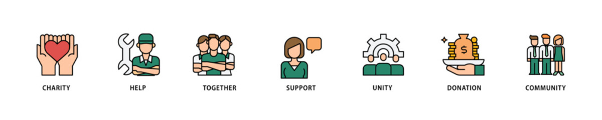 Volunteering icon set flow process which consists of charity, help, together, support, unity, donation, and community icon live stroke and easy to edit .