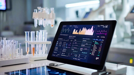 Advanced medical lab with digital analysis display and equipment featuring data visualization