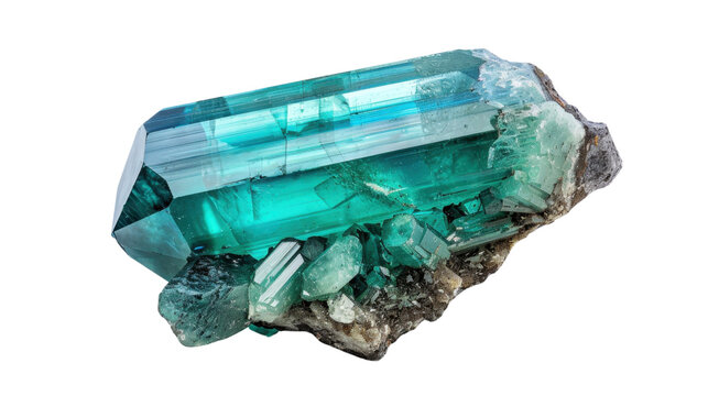 Large vivid emerald green paraiba tourmaline crystal cluster on transparent background