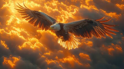 Obraz premium Majestic Eagle Soaring Through Fiery Sunset Clouds