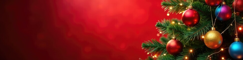 Fototapeta premium Red background Christmas tree with colorful balls and twinkling lights shining brightly, colorful, shine