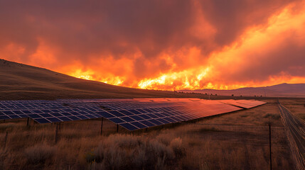 A solar farm basking in the golden light of sunset, with panels capturing the energy to contribute to a sustainable future.