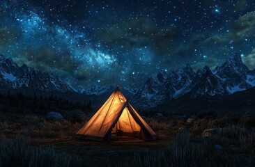 Illuminated tent under a starry night sky in a mountainous landscape.