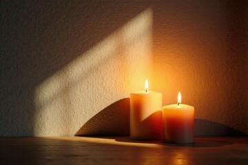The soft flickering light of burning candles casts shadows on the wall, symbolizing memory and remembrance, shadow, light, loss