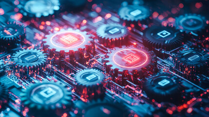 Fototapeta premium Futuristic circuit board with glowing red and blue mechanical gears