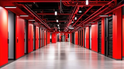 Fototapeta premium Red Corridor Modern Data Center Server Room Technology Infrastructure