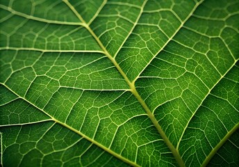 Obraz premium Macro close-up of a vibrant green leaf reveals its intricate vein pattern and fresh texture