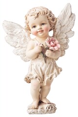 Fototapeta premium Adorable Cherubic Figurine with Wings Holding a Pink Flower