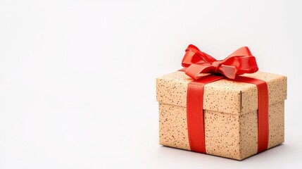 Obraz premium Beige Gift Box with Red Ribbon on White Background