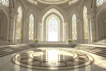 Fototapeta premium Grand hall, arched windows, sunlight, marble floor, interior design