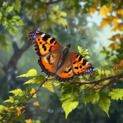 Obraz premium Tortoiseshell butterfly on a branch with leaves in background , leaves, small tortoiseshell, entomology