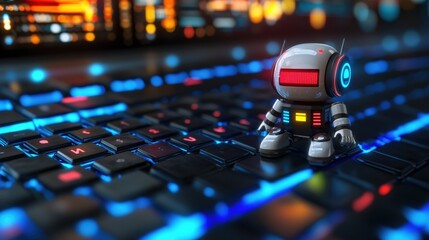 Fototapeta premium Futuristic Robot on Illuminated Keyboard Digital Technology Innovation