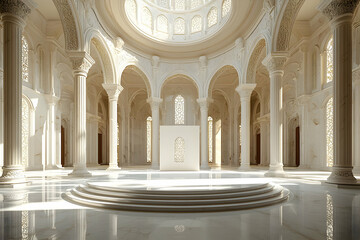 Obraz premium Sunlit Islamic hall, marble floor, peaceful