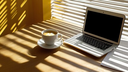 Sunny Morning Coffee Break Laptop Workspace Cozy Atmosphere