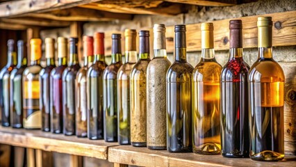 row of wine bottles on a wooden shelf with glass bottles filled with sediment at the bottom, wine bottles, wooden shelves, vintage