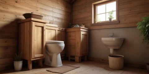Rustic wooden eco-friendly composting toilet with sawdust, green, wood, ecological