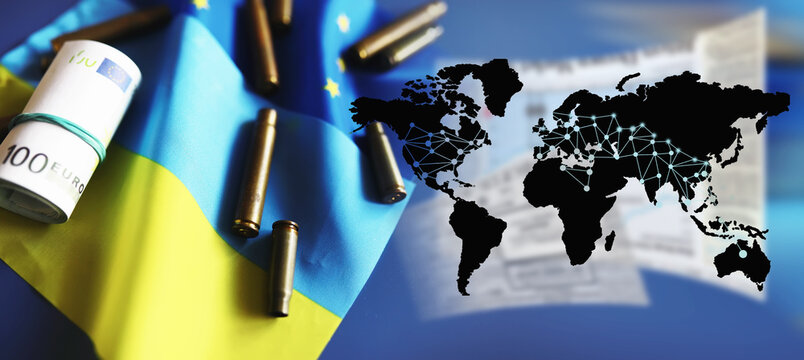 The concept of European Union support for Ukraine in a military conflict. Solidarity. Politics. Flags are on the table. - Powered by Adobe