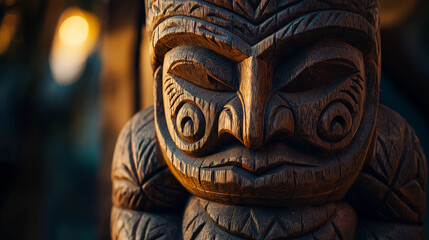 A close-up of a carved Māori tiki figure, intricate patterns deeply etched into the wood, glowing in the evening light