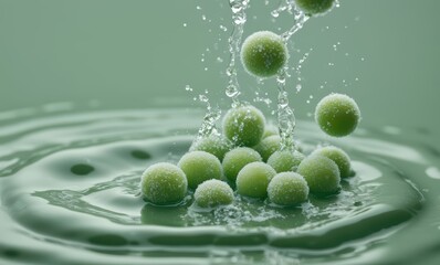 Green spheres splashing in water