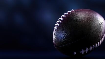 A close-up view of a football against a dramatic dark background, showcasing its intricate stitching and texture.