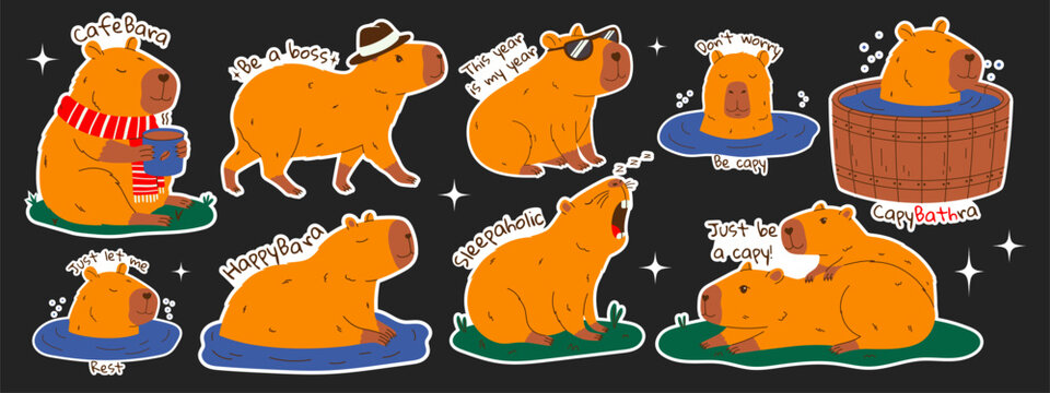 Cute capybara stickers set with text. Set of rodent characters swimming in pond, relaxing, playing, drinking coffee. Hand drawn vector illustration.