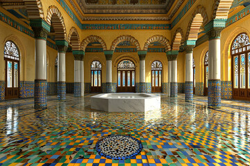 Obraz premium Palace interior, ornate arches, mosaic floor, sunlight. Design inspiration