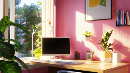 Fototapeta premium Sunny Workspace Minimalist Pink Desk Computer Plants Home Office