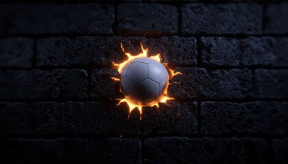 A dynamic soccer ball bursting through a dark brick wall, symbolizing energy and intensity in sports.