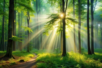 Fototapeta premium Sunbeams Illuminate a Mystical Forest Path, Creating an Enchanting Scene of Tranquil Nature