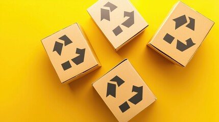 Obraz premium Sustainable Packaging Eco Friendly Cardboard Boxes Recycling Symbol Yellow Background