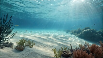 Serene underwater scene with a gentle wave caressing the sandy sea floor, blue, ocean