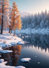 serene winter landscape with snow-covered trees and a frozen lake, frozen pond, peaceful scene