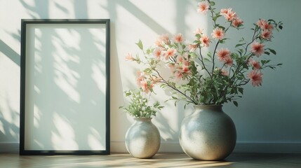 vase with flowers and picture frame. Generative AI