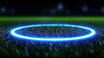 A glowing blue circle on a grassy field, symbolizing a game zone or playing area, inviting athletes to engage.