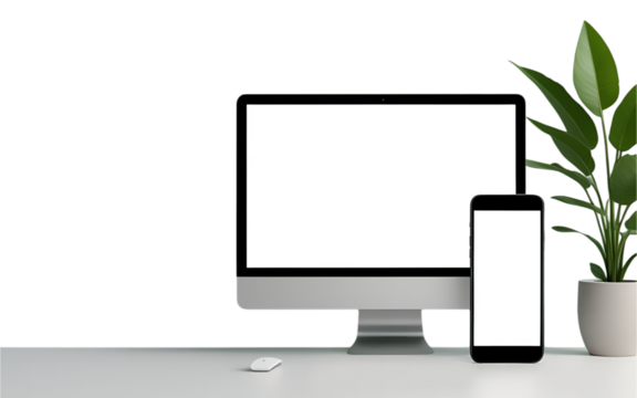 Minimalist Workspace Setup with Desktop Monitor, Smartphone and Plant on White Surface