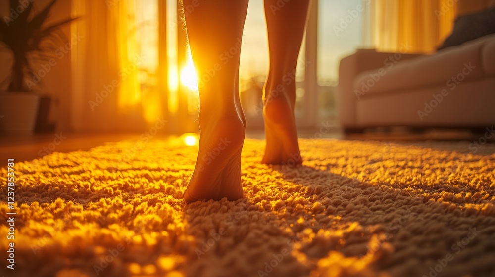 Poster golden sunlight streams through large windows, casting warmth on the plush carpet. a person walks ge