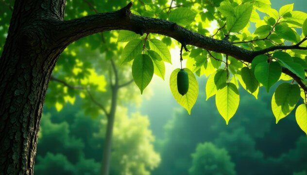 Foliage of Chacrona tree hanging from branches, forest, leafy