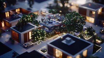 Obraz premium Nighttime Smart Cityscape Modern Homes Illuminated Streetscape