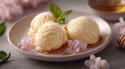 Three scoops of vanilla ice cream drizzled with honey and garnished with flowers on a plate.