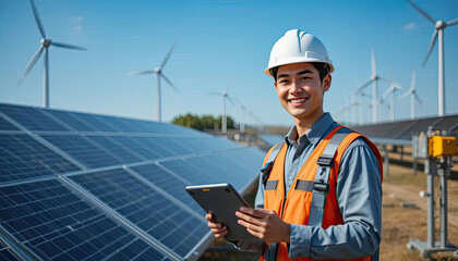 engineer inspect installation of solar panels installed check, using laptop or tablet at solar photovoltaic power station.