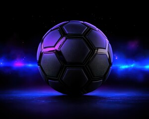 Fototapeta premium A sleek black soccer ball with vibrant purple and blue lighting, set against a dark background, perfect for sports themes.