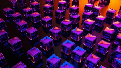 Obraz premium Abstract background of reflective neon purple, blue and orange glass cubes with copy space
